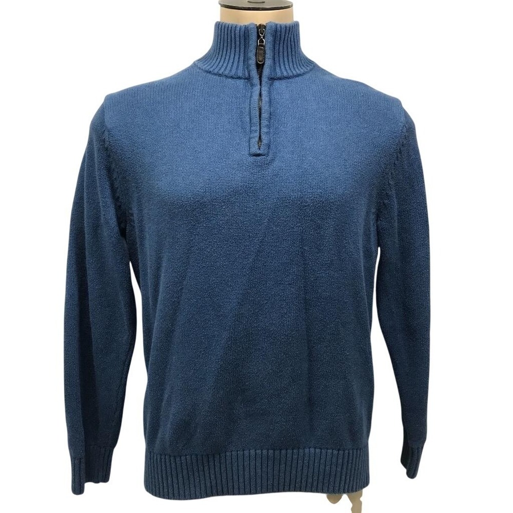 LL Bean Mens Blue Cotton Quarter Zip Sweater Pullover Size Large L
